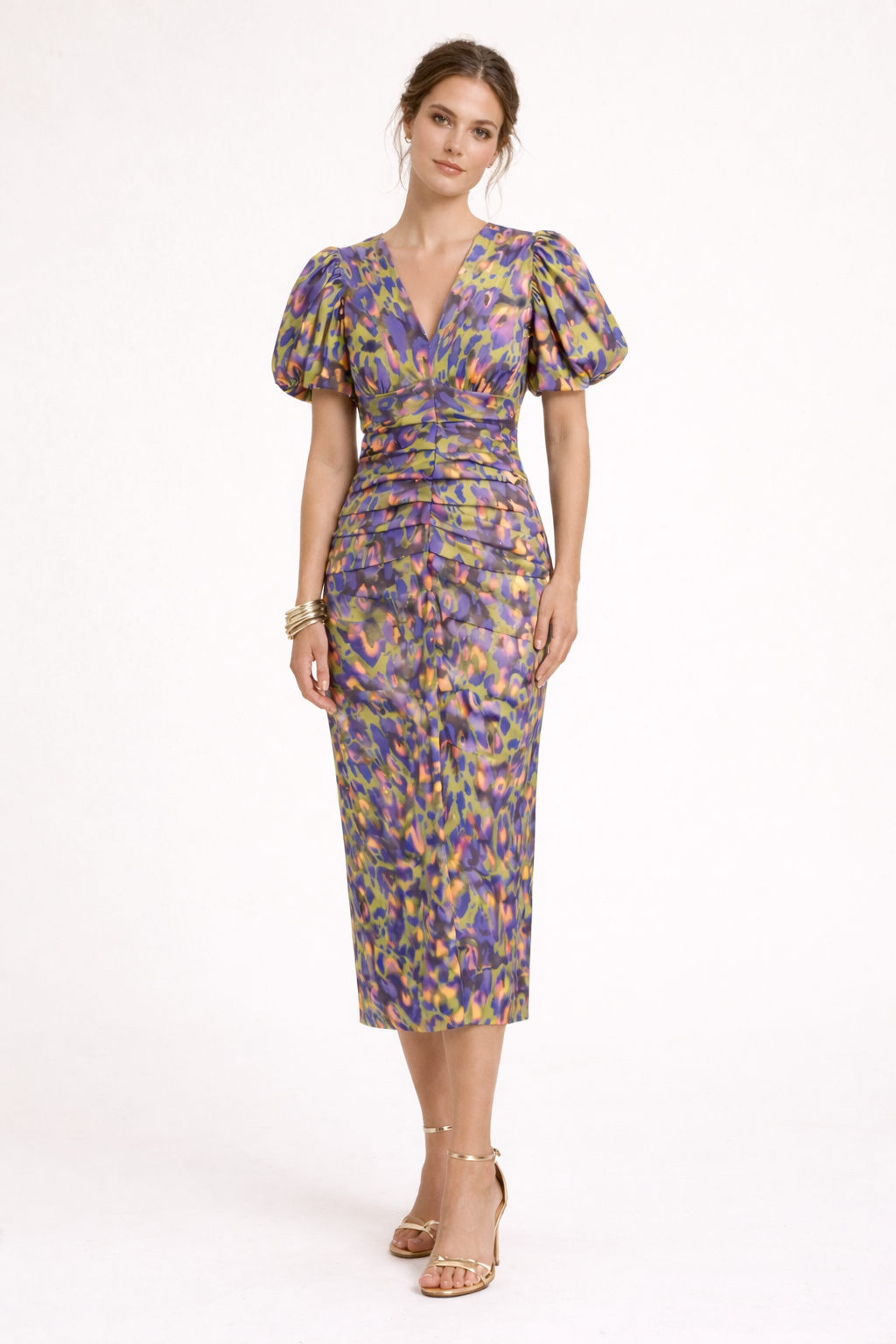 Women's Printed Midi Dress with Puff Sleeves and V-Neck
