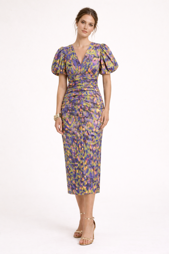 Women's Printed Midi Dress with Puff Sleeves and V-Neck