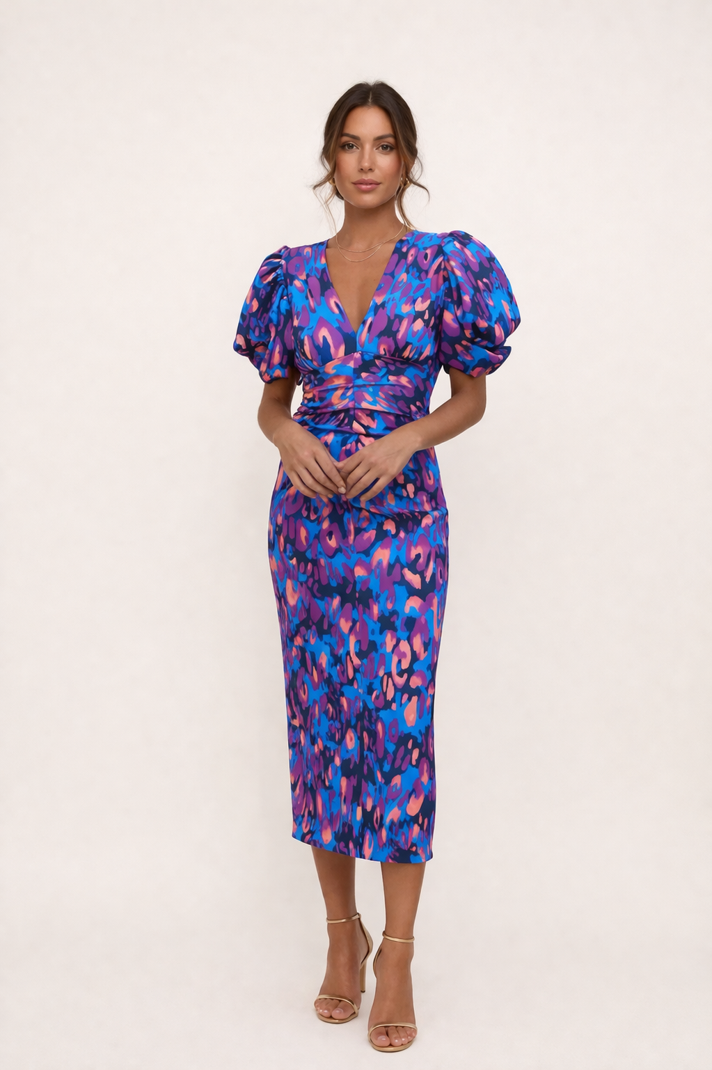 Women's Printed Midi Dress with Puff Sleeves and V-Neck