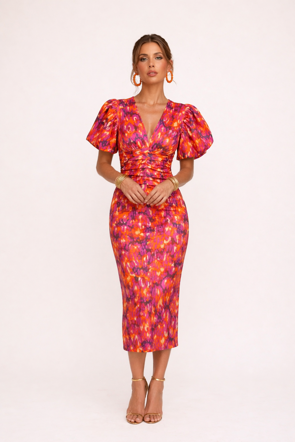 Women's Printed Midi Dress with Puff Sleeves and V-Neck