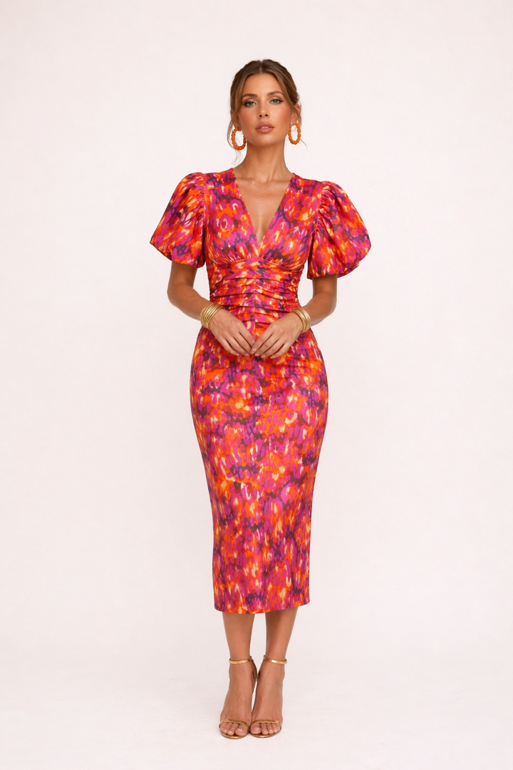 Women's Printed Midi Dress with Puff Sleeves and V-Neck
