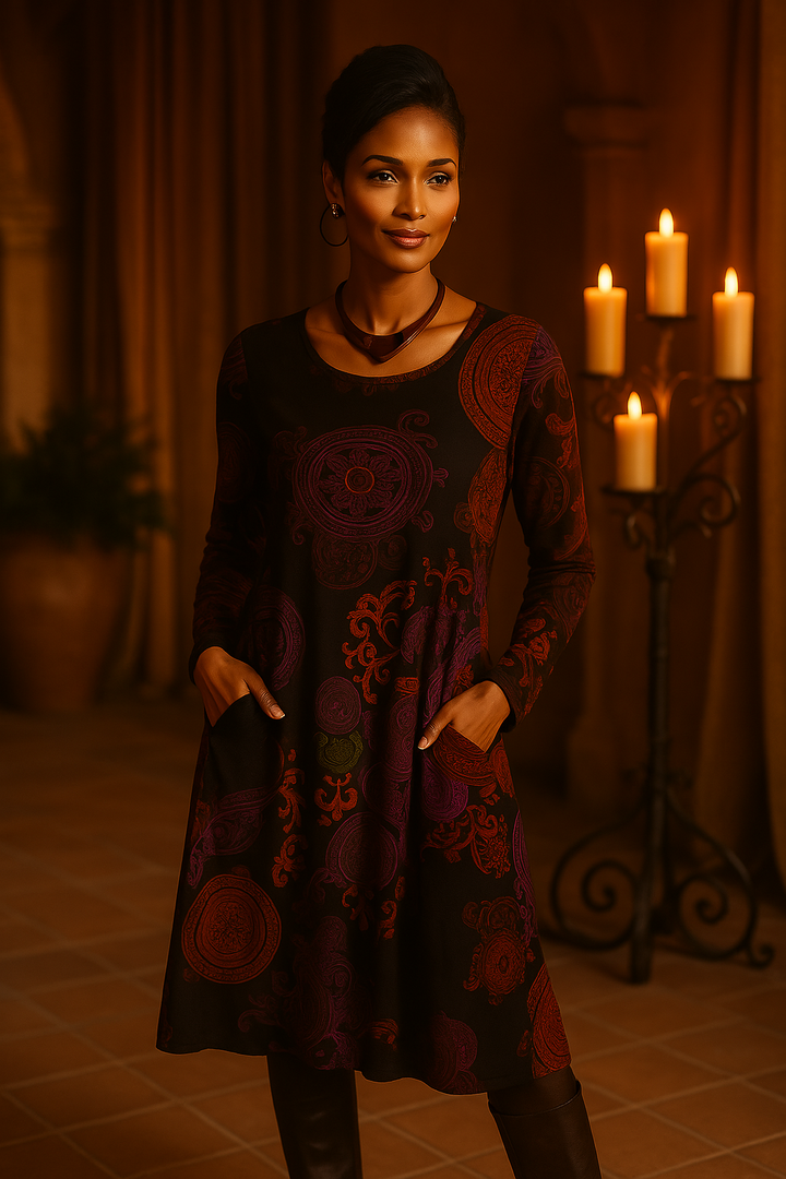 Long Sleeve Bohemian Midi Dress Unique Print