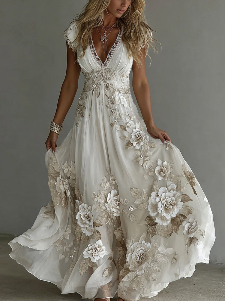 Cardydony Women's Vintage Boho Floral Art Short-sleeved Maxi Dress