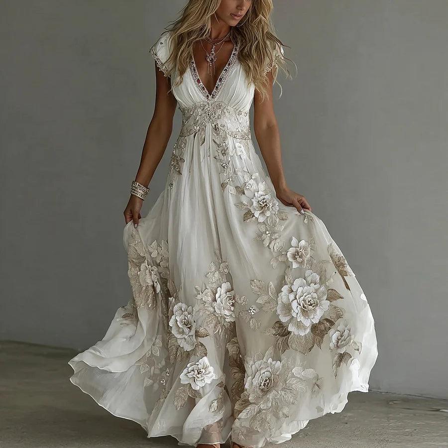 Cardydony Women's Vintage Boho Floral Art Short-sleeved Maxi Dress