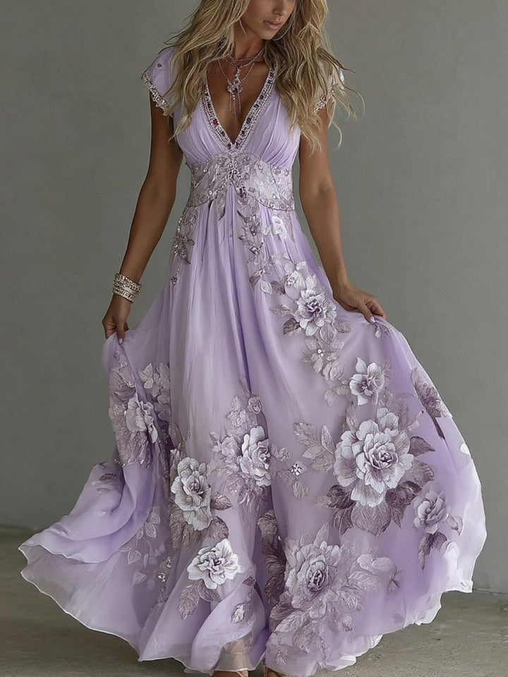 Cardydony Women's Vintage Boho Floral Art Short-sleeved Maxi Dress