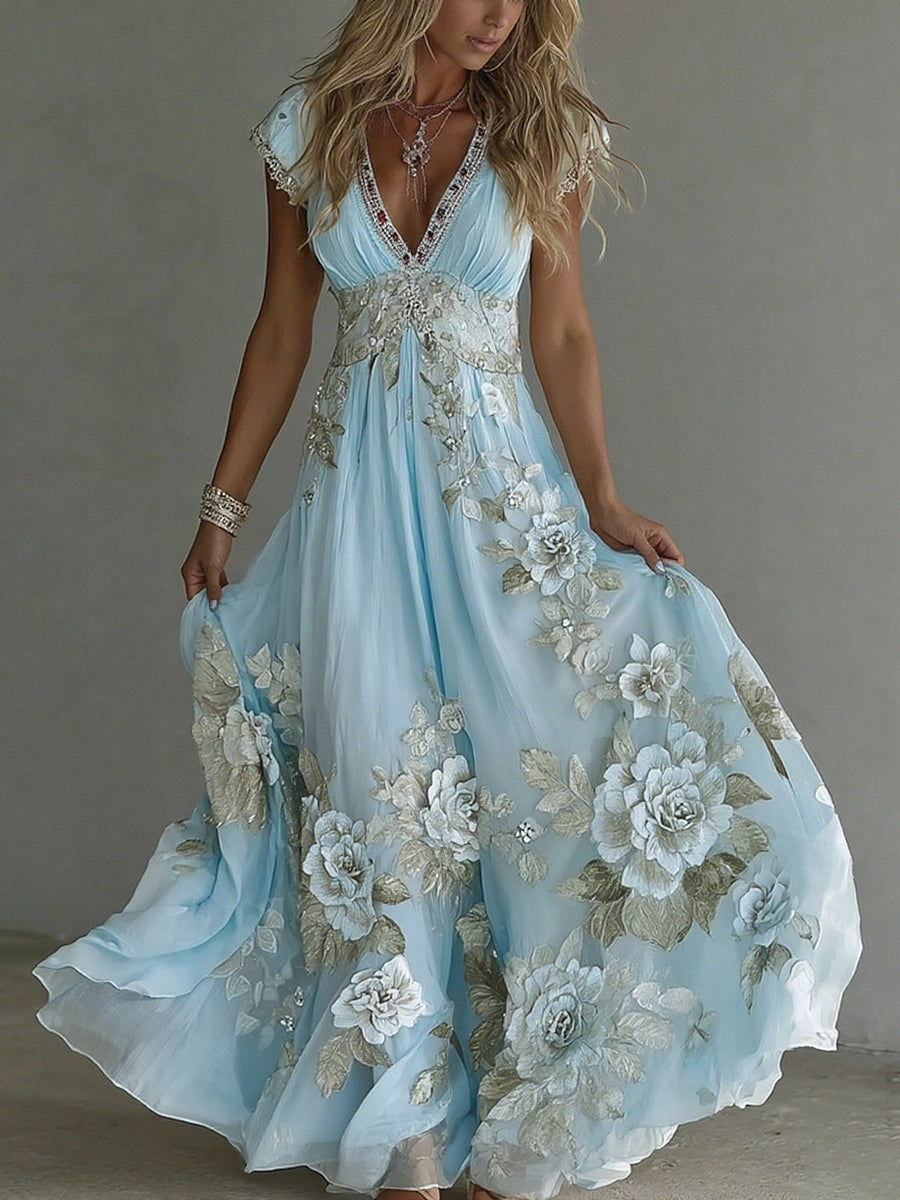 Cardydony Women's Vintage Boho Floral Art Short-sleeved Maxi Dress