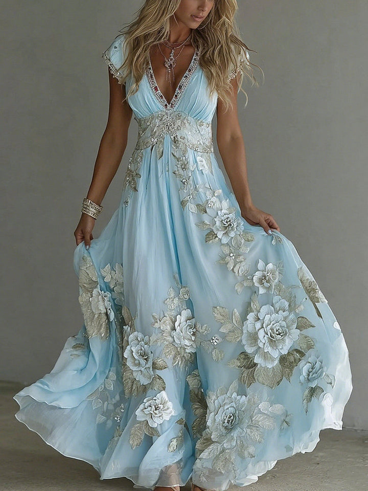 Cardydony Women's Vintage Boho Floral Art Short-sleeved Maxi Dress