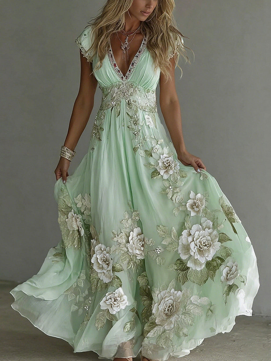 Cardydony Women's Vintage Boho Floral Art Short-sleeved Maxi Dress