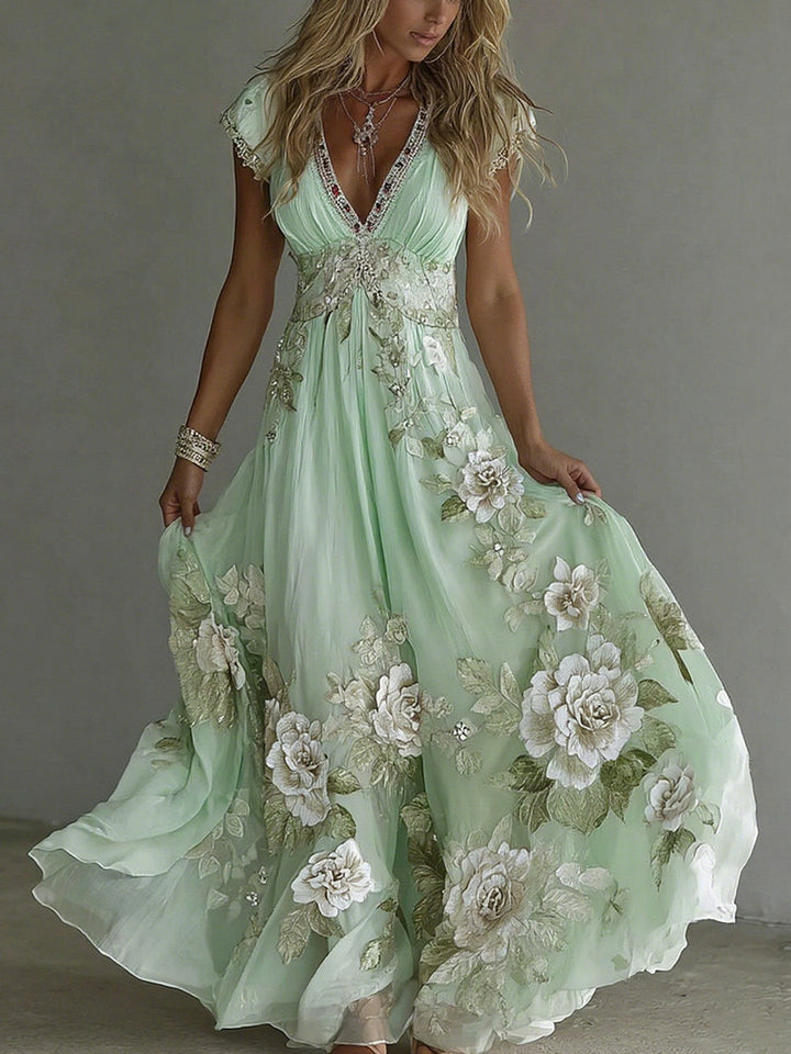 Cardydony Women's Vintage Boho Floral Art Short-sleeved Maxi Dress