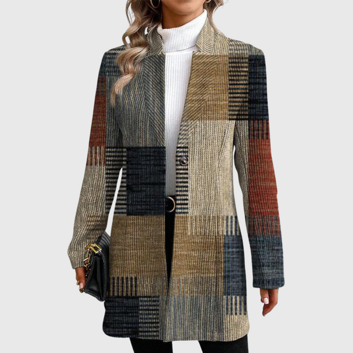 Women's Patchwork Check Coat with Button Front