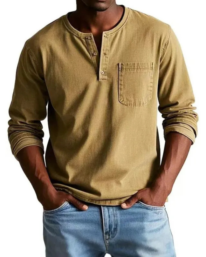 Pánská džínová košile Henley s náprsní kapsou