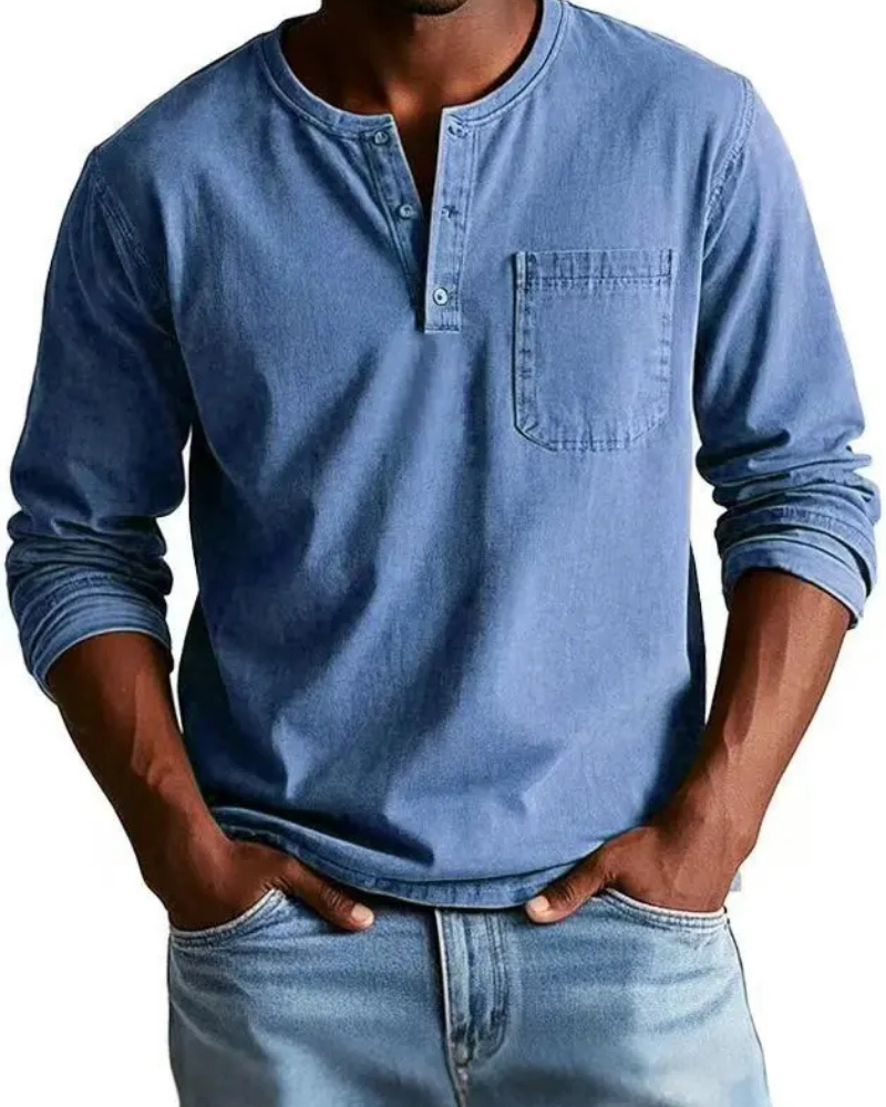 Pánská džínová košile Henley s náprsní kapsou