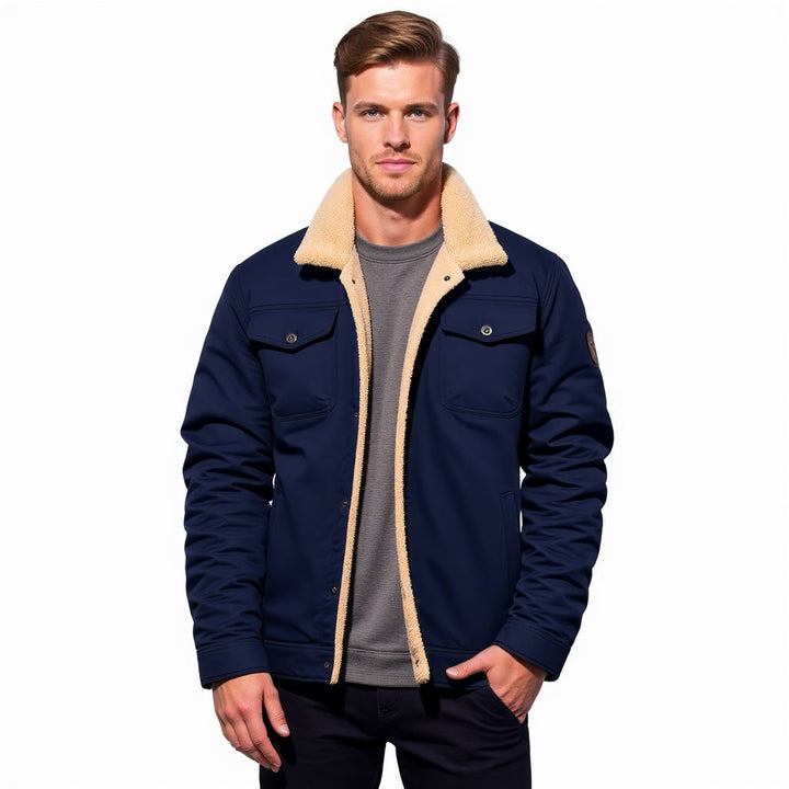 Men's Denim Bomber Jacket with Zip Front and Side Pockets