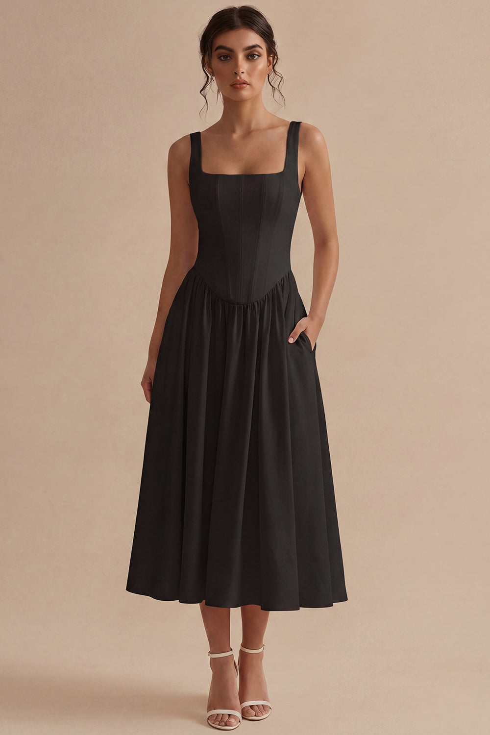 Women's A-Line Corset Midi Dress Structured Bodice