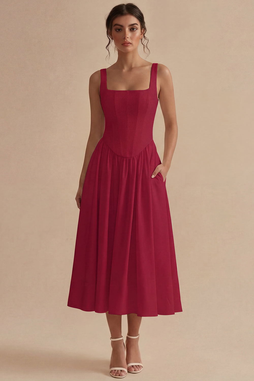 Women's A-Line Corset Midi Dress Structured Bodice