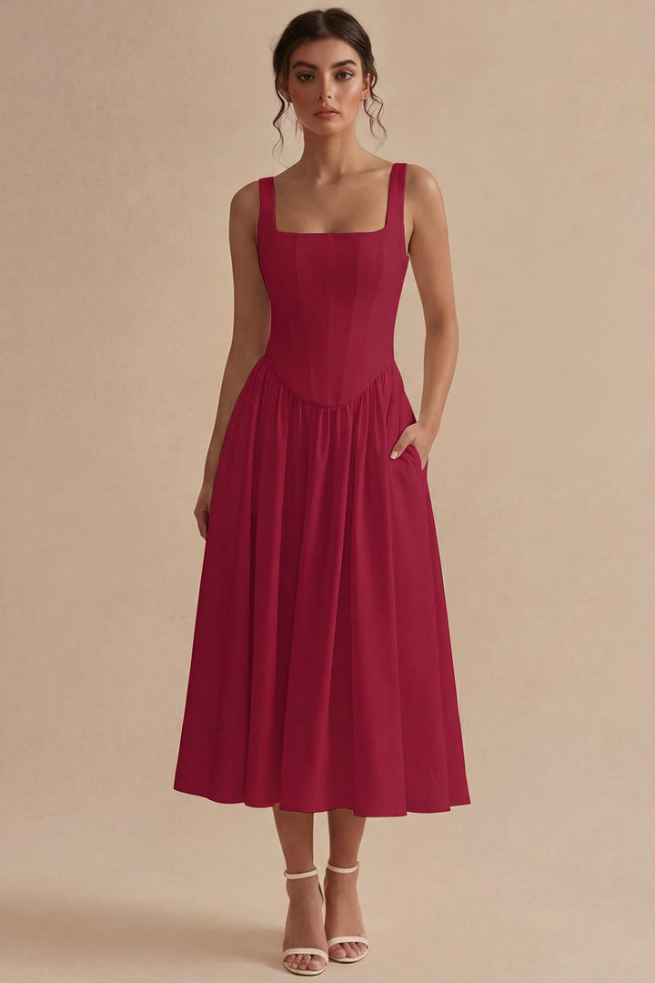 Women's A-Line Corset Midi Dress Structured Bodice
