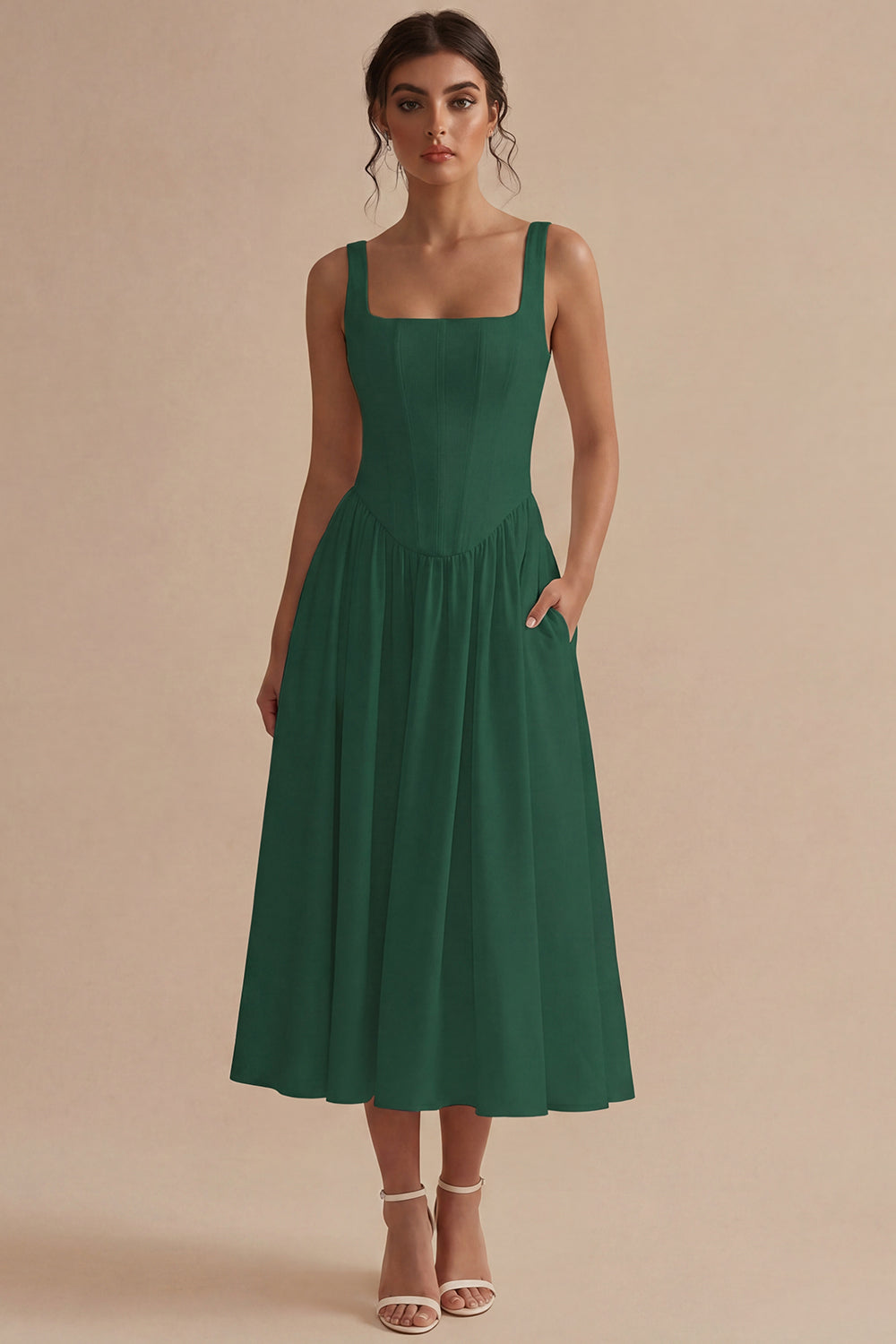 Women's A-Line Corset Midi Dress Structured Bodice