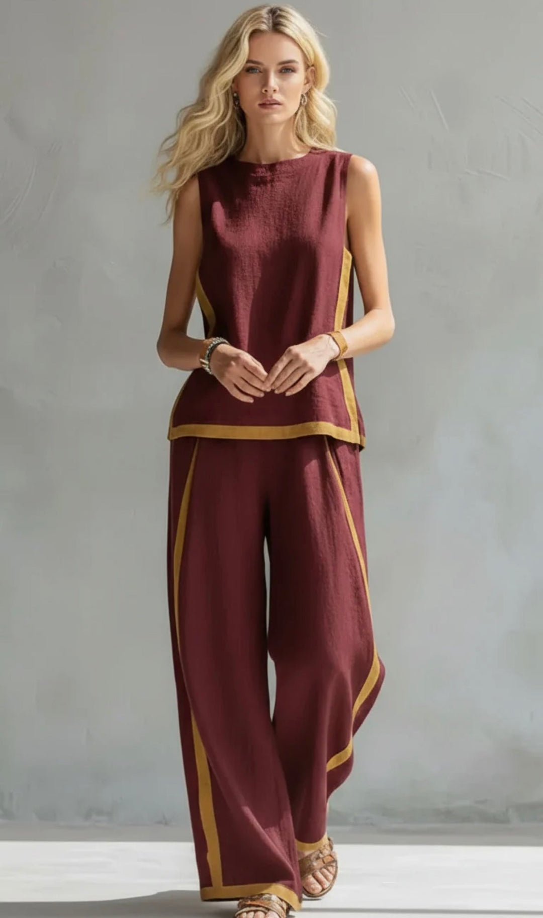 Women's Two-Piece Set with Contrast Trim – Bordeaux
