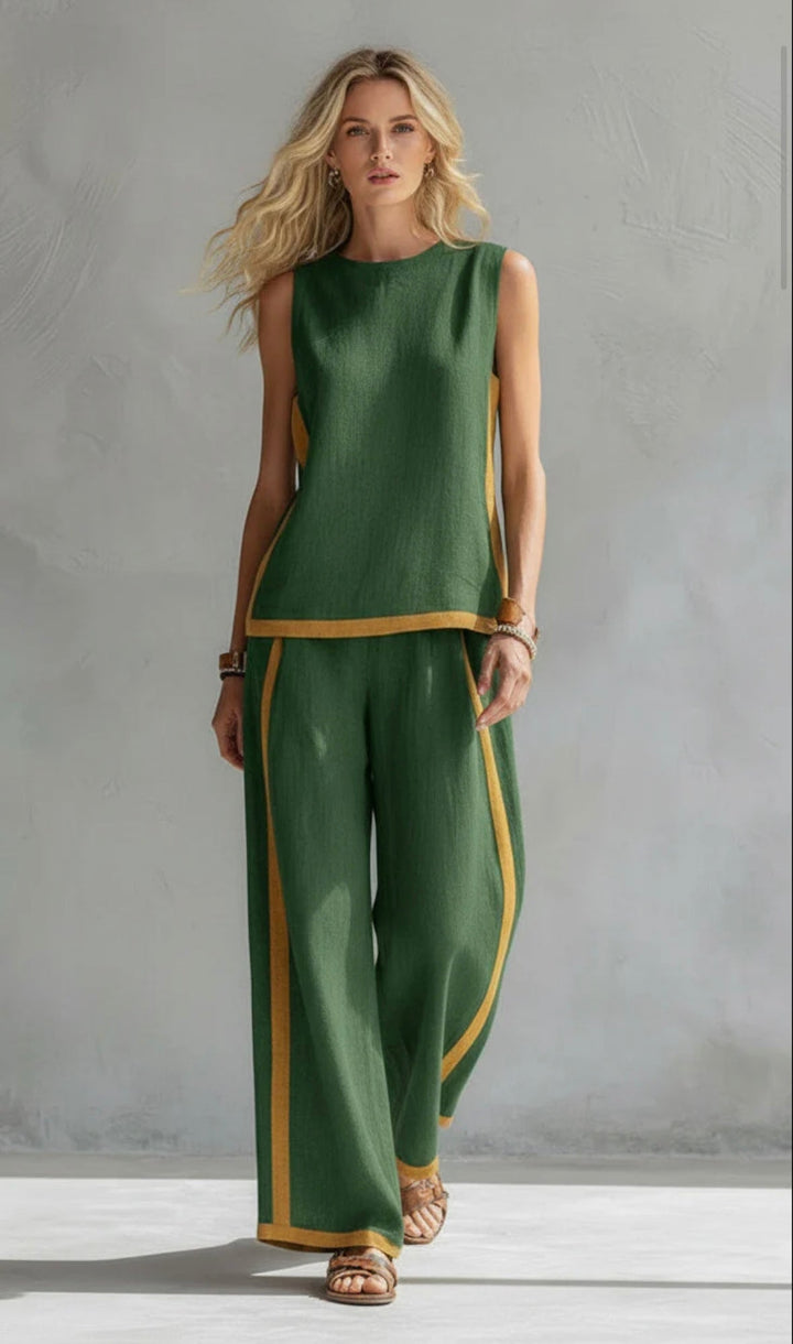 Women's Two-Piece Set with Contrast Trim – Green
