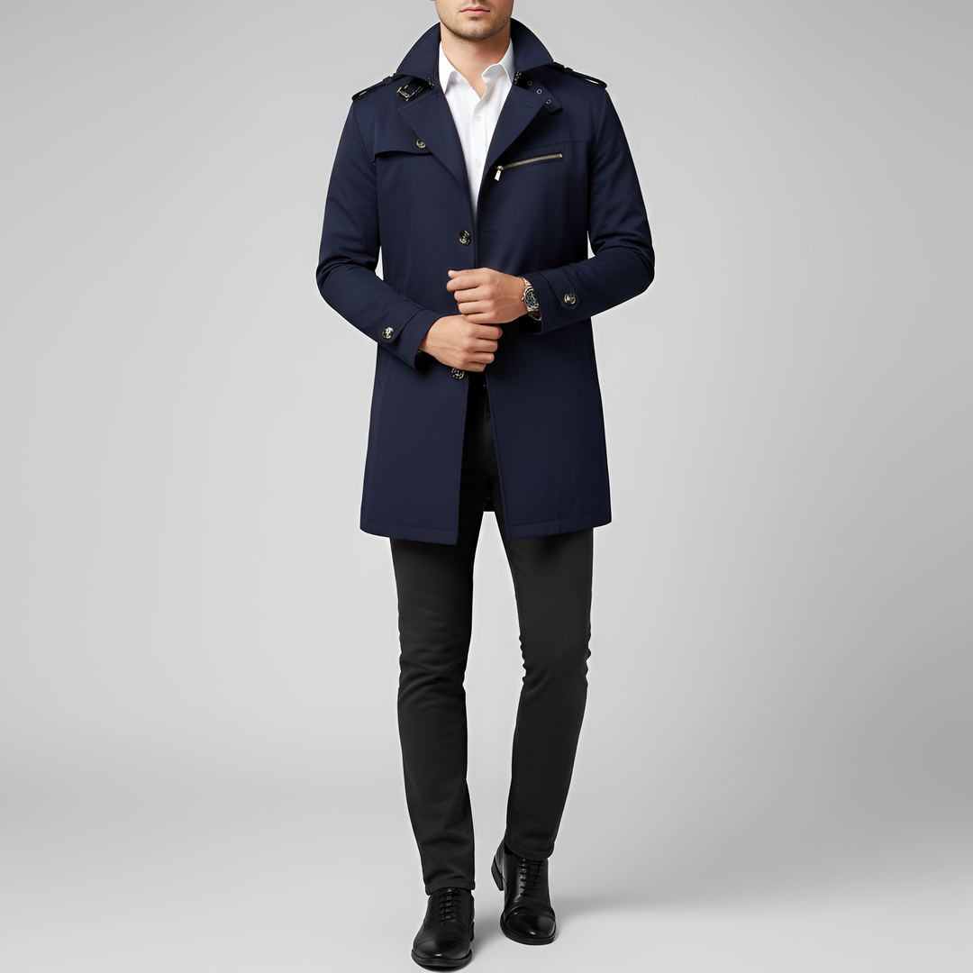 Elegant men's trench coat with belt and button closure
