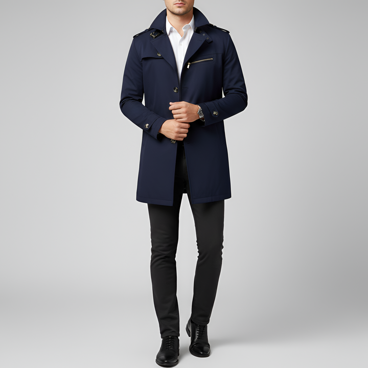 Elegant men's trench coat with belt and button closure