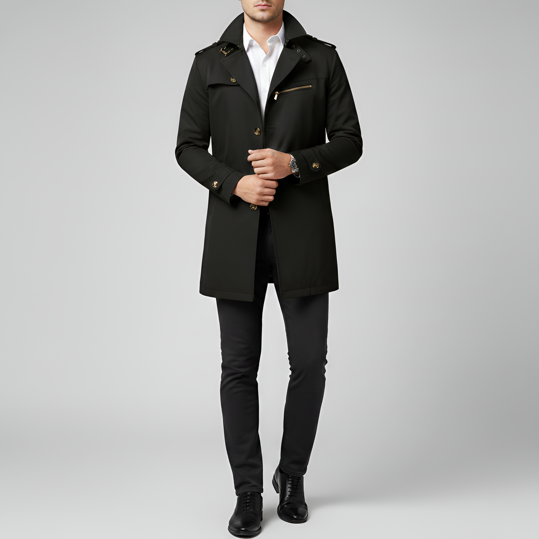 Elegant men's trench coat with belt and button closure