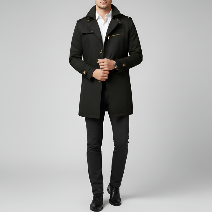 Elegant men's trench coat with belt and button closure