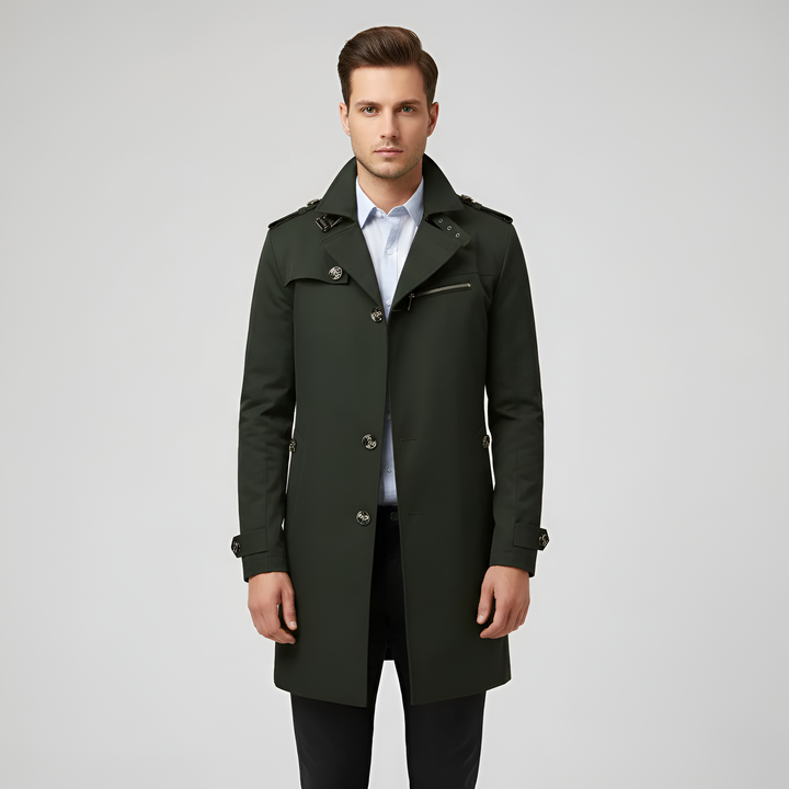 Elegant men's trench coat with belt and button closure