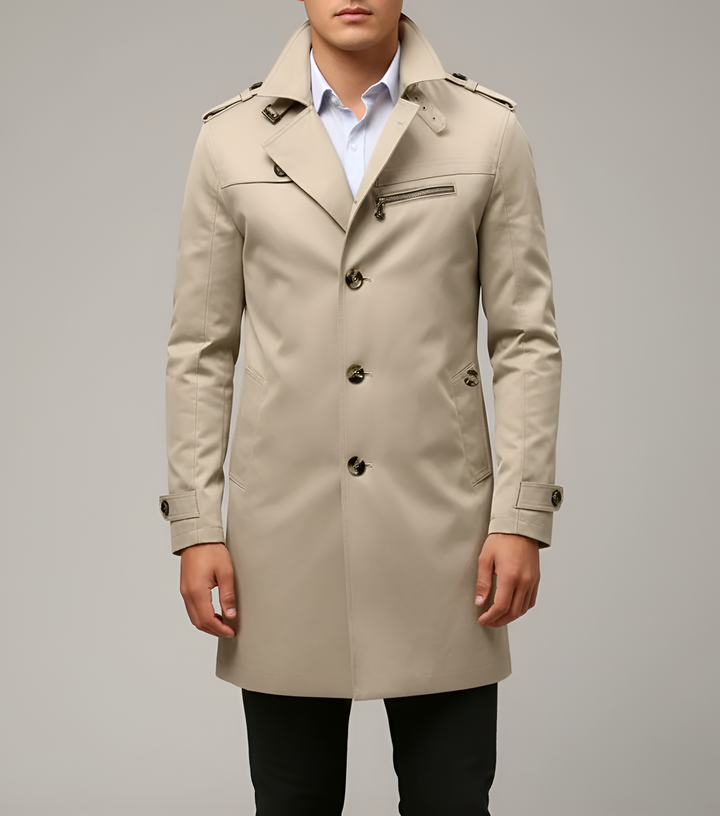 Elegant men's trench coat with belt and button closure