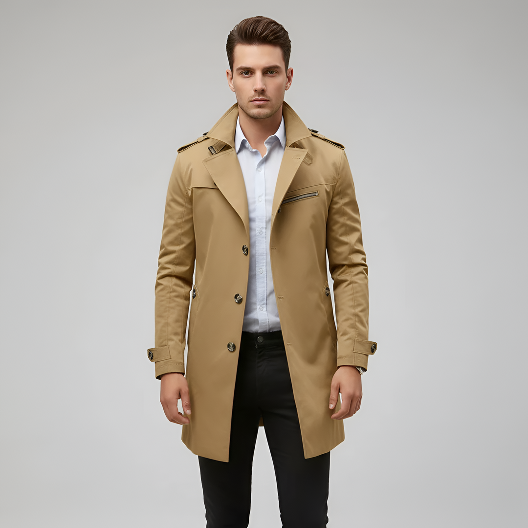 Elegant men's trench coat with belt and button closure