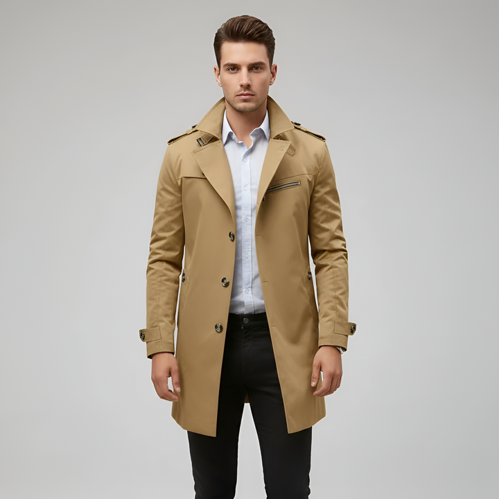 Elegant men's trench coat with belt and button closure
