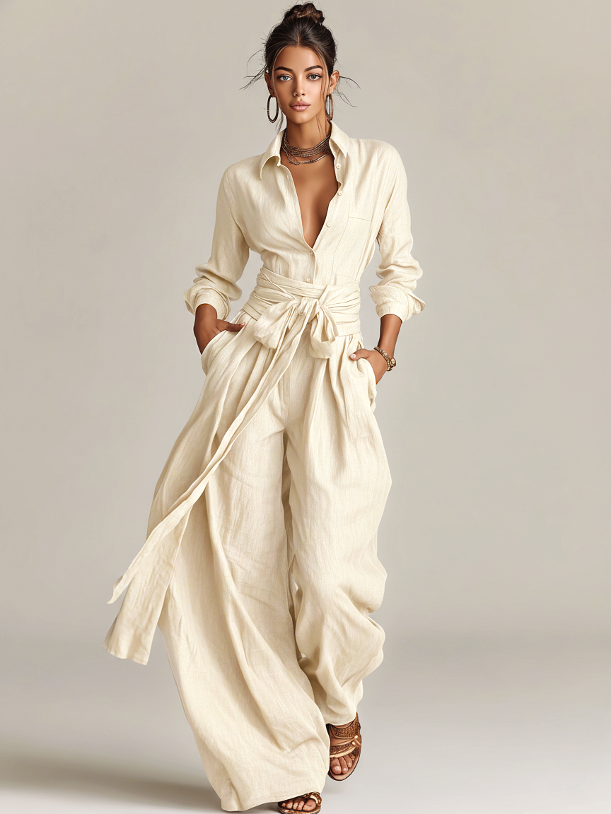 Long Sleeve Shirt Collar Tie Waist Wide Leg Linen Jumpsuit