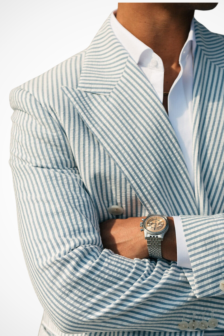 Monty | Men Striped Seersucker Double Breasted Two Piece Wedding Guest Suit