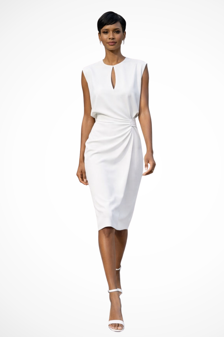 Elegant Women’s Ruched Wrap Midi Dress with Cap Sleeves