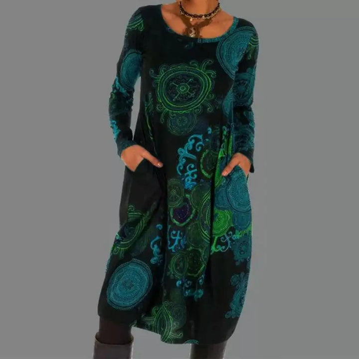 Long Sleeve Bohemian Midi Dress Unique Print