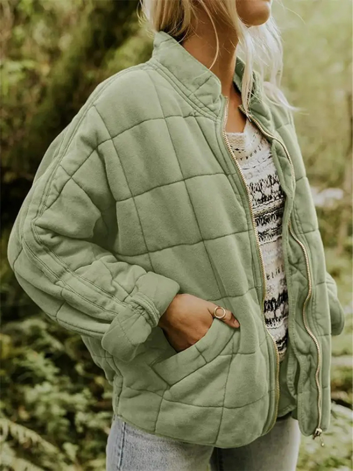 Women's Quilted Coat with a High Neck and Pockets – Green