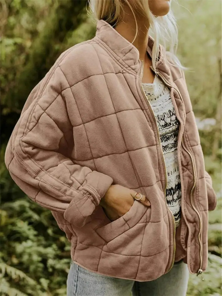 Women's Quilted Coat with a High Neck and Pockets – Khaki