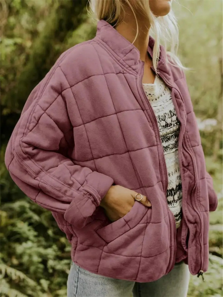 Women's Quilted Coat with a High Neck and Pockets – Pink