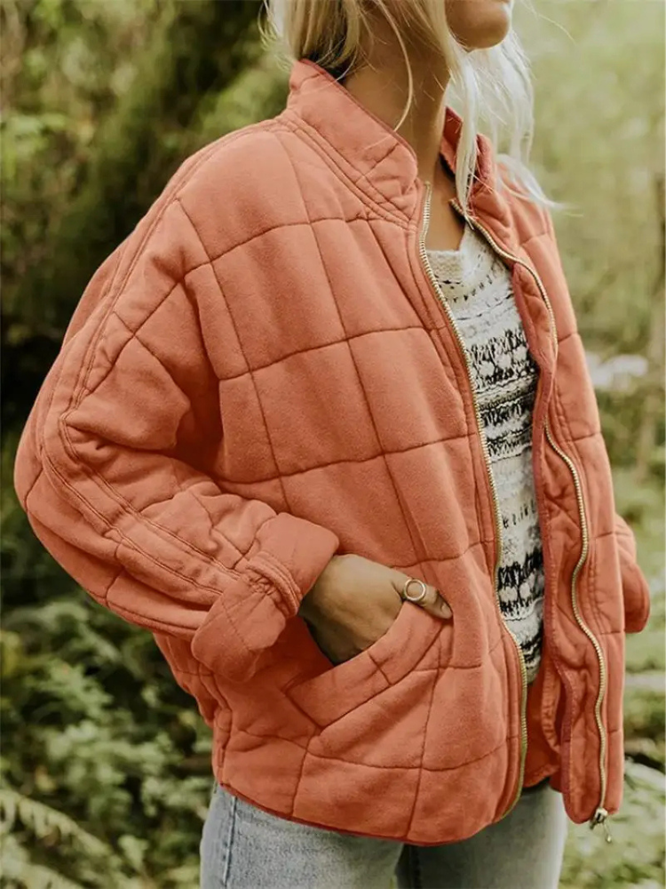 Women's Quilted Coat with a High Neck and Pockets – Orange