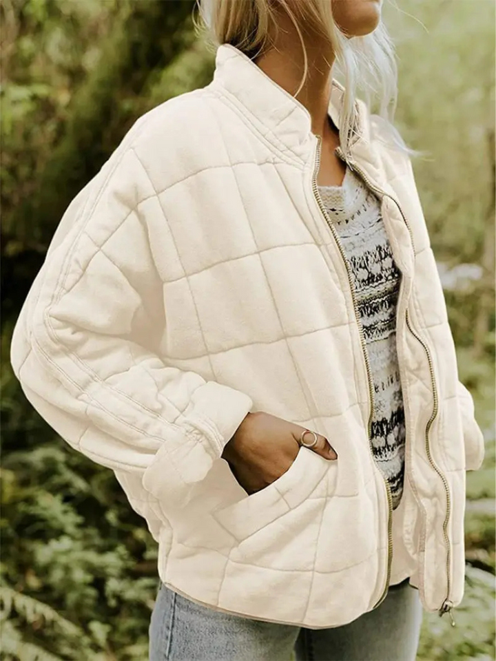 Women's Quilted Coat with a High Neck and Pockets – Cream