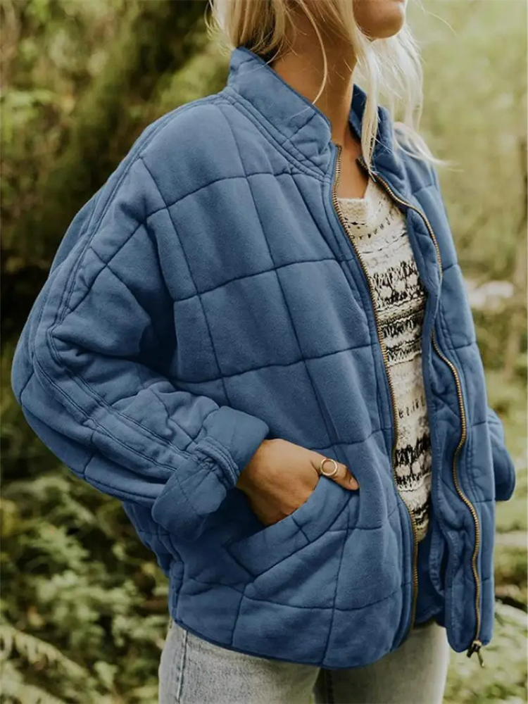 Women's Quilted Coat with a High Neck and Pockets – Blue