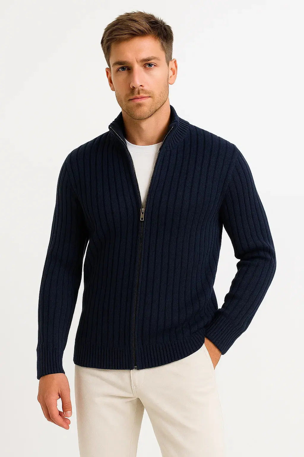 Men's Cardigan Grey Ribbed Knit Lightweight Casual and Formal Design for Men