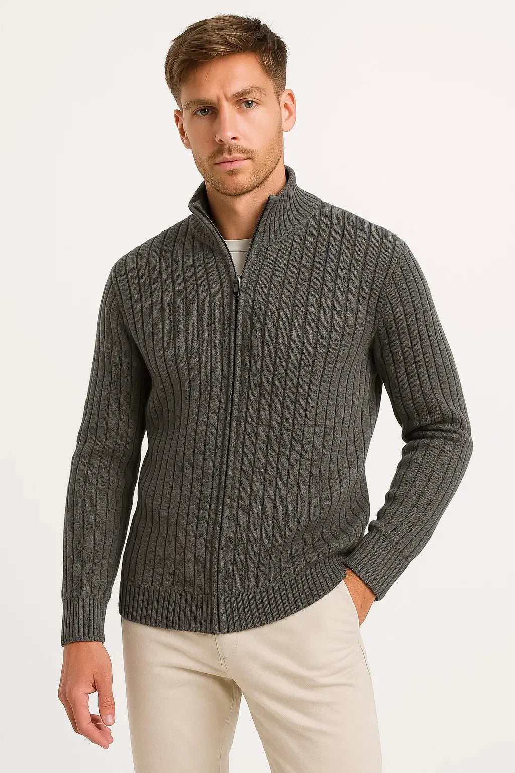 Men's Cardigan Grey Ribbed Knit Lightweight Casual and Formal Design for Men