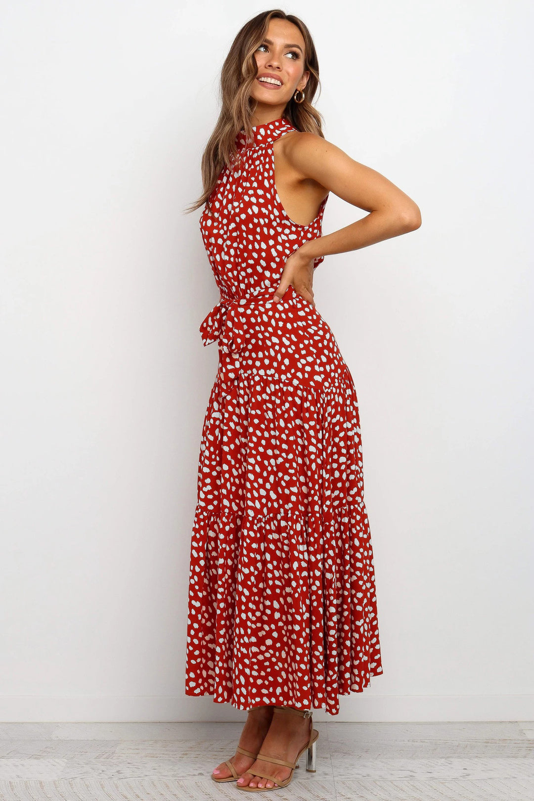 Women’s Halter Neck Polka Dot Dress Flowy Maxi Fit for Events & Holidays