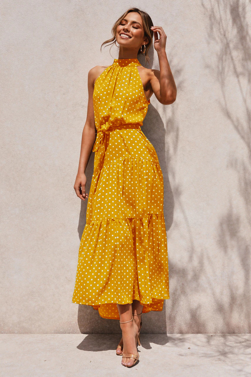 Women’s Halter Neck Polka Dot Dress Flowy Maxi Fit for Events & Holidays