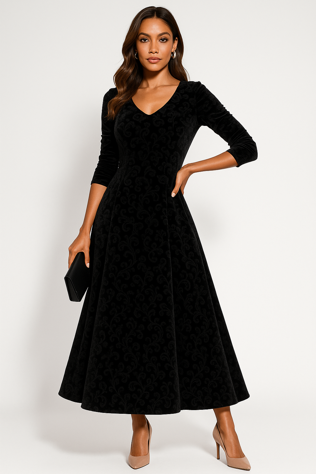Dámské sametové květinové embosované midi šaty