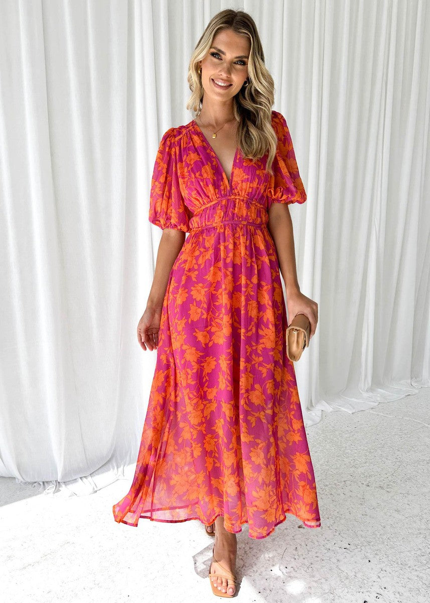 Chic Floral Midi Dress for Women with Puff Sleeves and V-neck