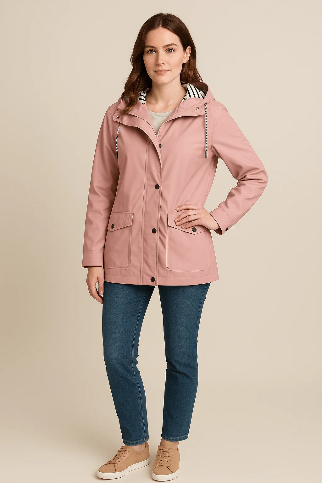 Kaia – Women’s Mid-Length Water-Resistant Raincoat – Adjustable Hood
