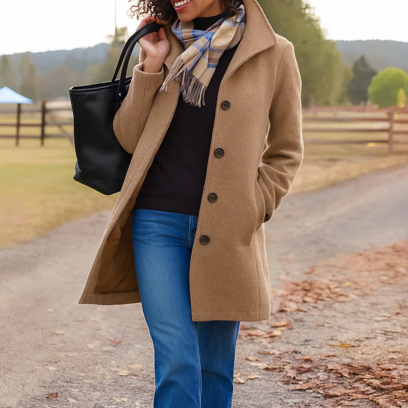Women's Longline Wool Coat with Tailored Collar – Khaki