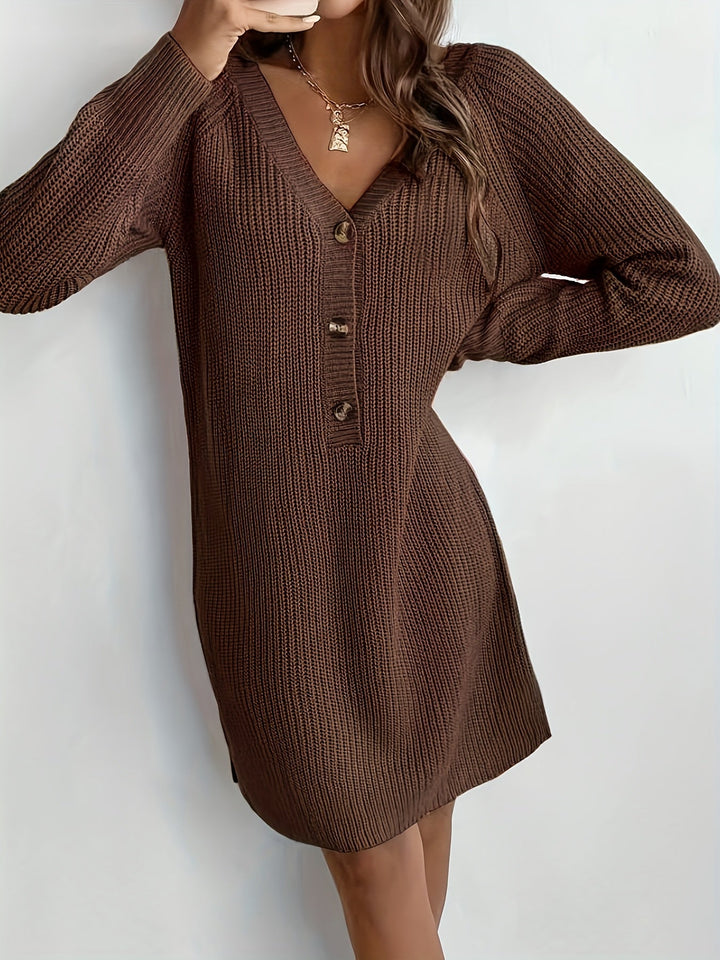 Women's Knitted Button-Front Dress with V-Neck